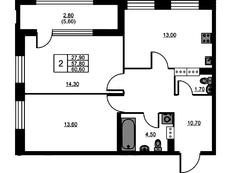 2-комнатная квартира 60.6 м², 10/13 эт., ЖК «Тайм Сквер»
